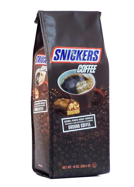 Snickers flavored coffee, caramel peanut nougat coffee, medium roast coffee, flavored ground coffee, 10 oz coffee bag, gourmet coffee blend, candy bar coffee flavor, premium ground coffee.