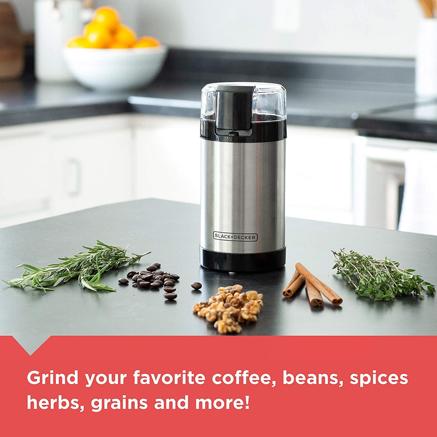 One Touch Coffee Grinder, CBG110S, 2/3 Cup Capacity Coffee Grinder, Push-Button Control Coffee Grinder, Stainless Steel Blades Coffee Grinder