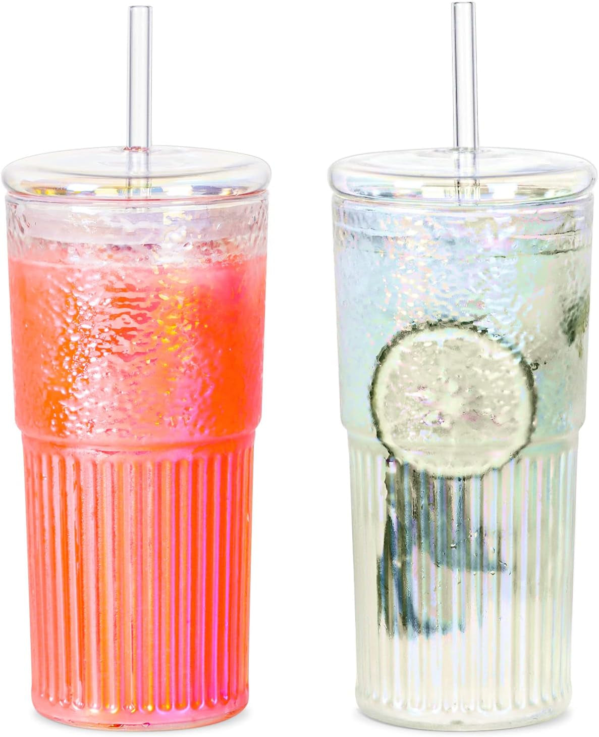 Colorful Borosilicate Glass Tumbler with Lid and Straw, 20 Oz Rainbow Glass Cup for Iced Coffee, Smoothies, and More.