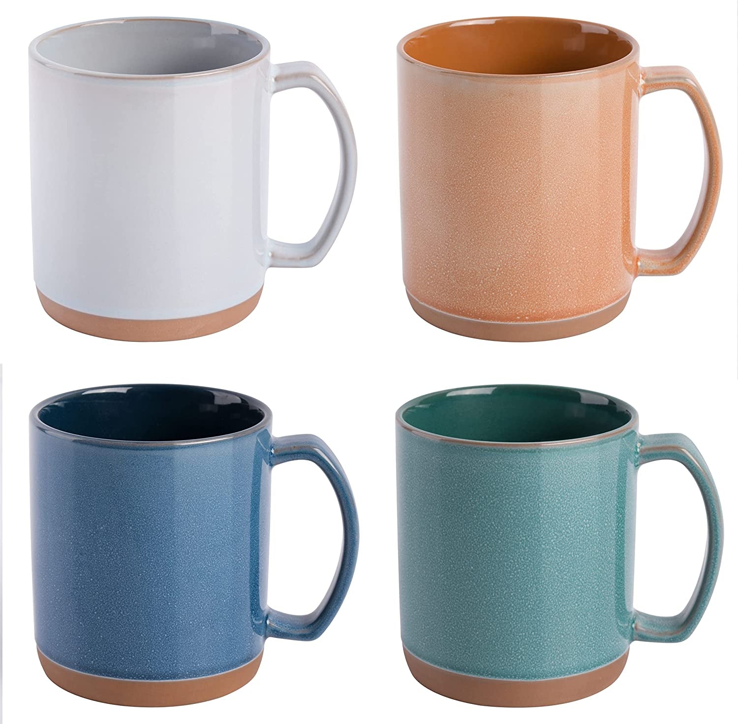 Set of 4 large 18.5 oz stoneware mugs with reactive glaze in assorted colors, dishwasher and microwave safe, modern design