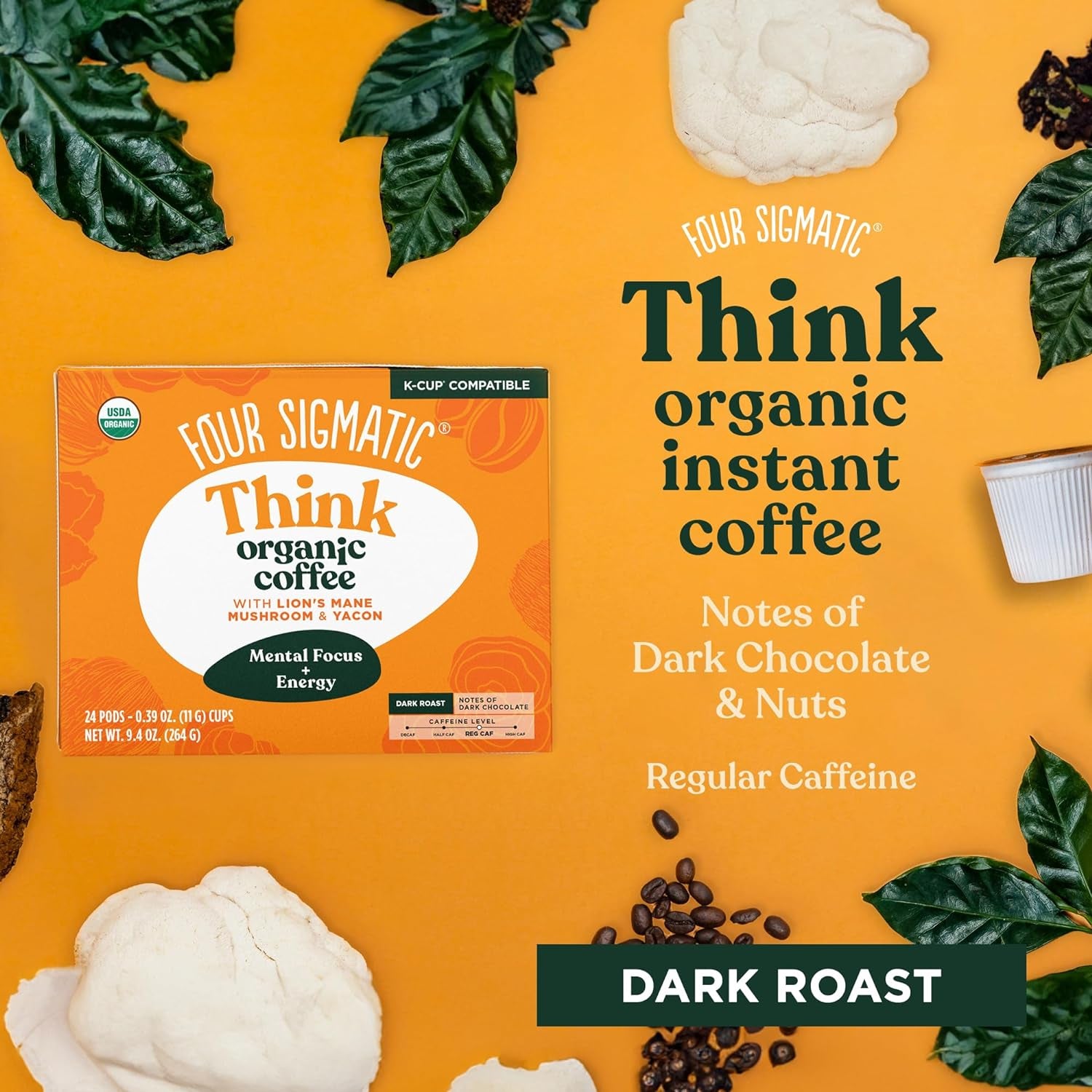 Organic Mushroom Coffee K-Cups, Dark Roast Coffee with Lion’s Mane, Yacon Infused Coffee, Fair Trade Coffee Pods, Immune Support Coffee, Focus Enhancing Coffee