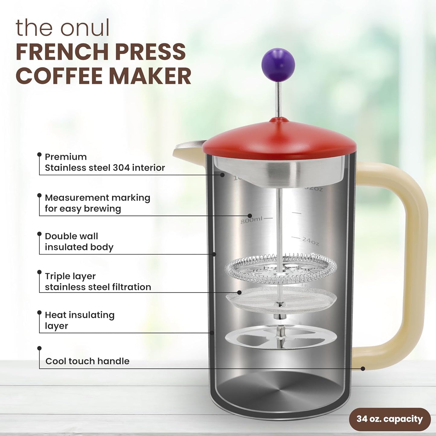 Stainless steel French press coffee maker with double wall insulation and 3-level filtration system, 34 oz capacity