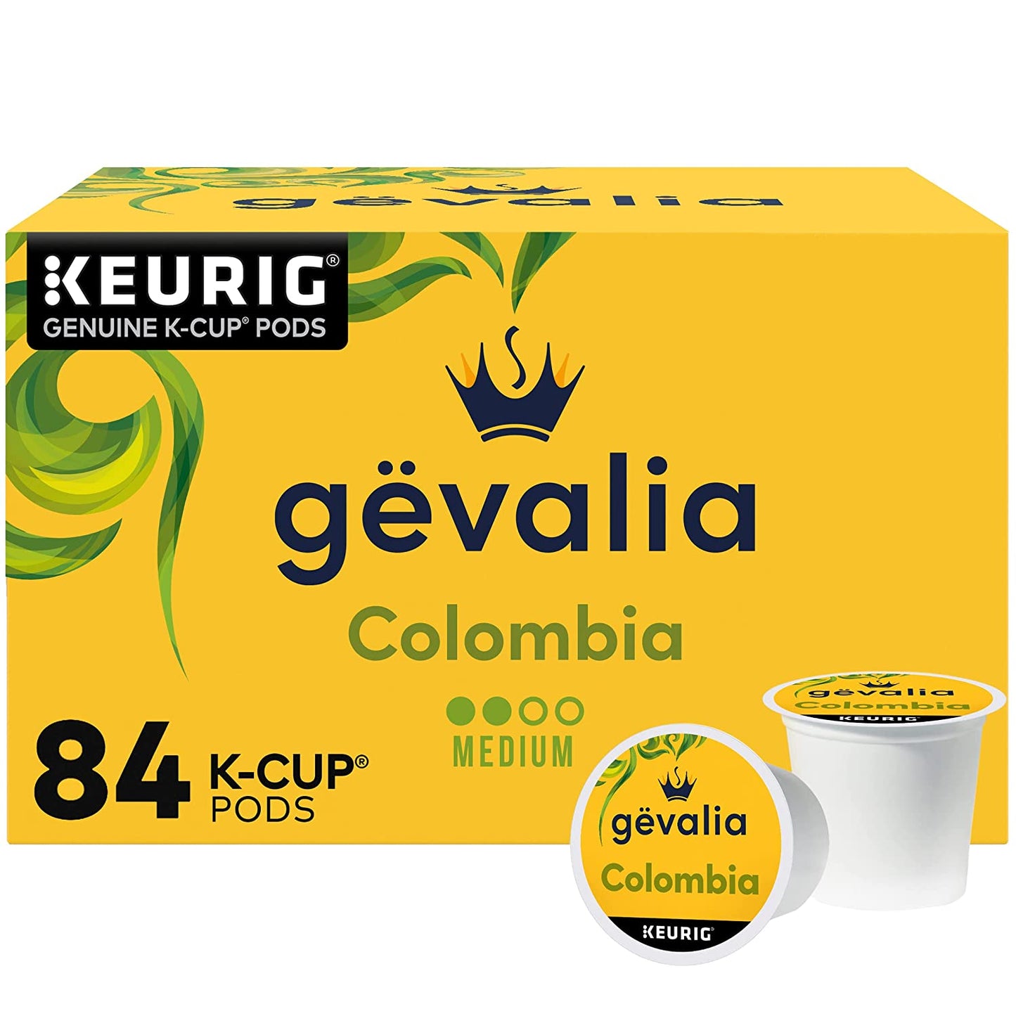 Box of 84 Gevalia Colombia K-Cup coffee pods, keto and low carb friendly, compatible with Keurig brewers, featuring 100% Arabica beans.