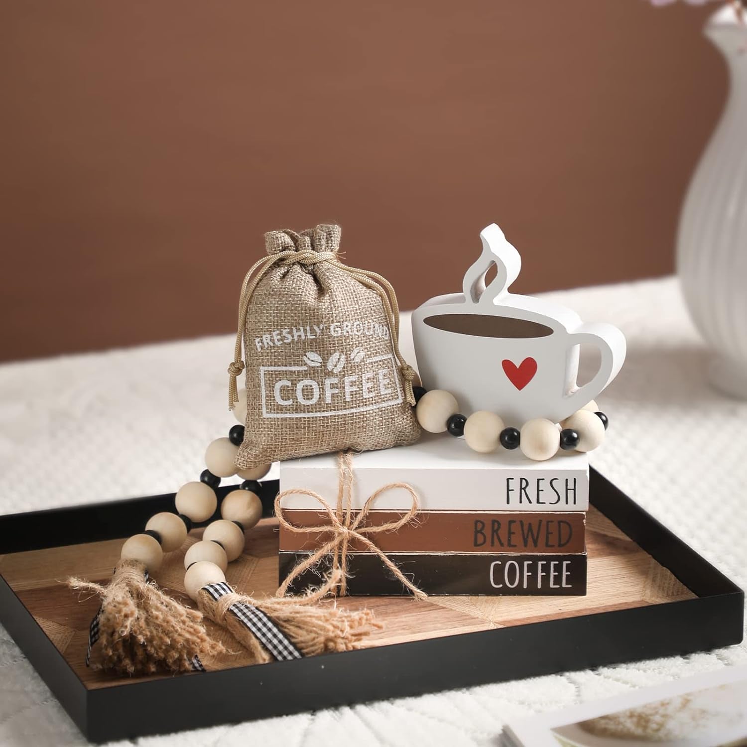 coffee bar decor set, rustic farmhouse coffee accessories, mini coffee table sign, tiered tray decor, wooden book stacks, coffee bar decorations, coffee station decor, high-quality coffee signs, decorative coffee accessories, housewarming gift ideas