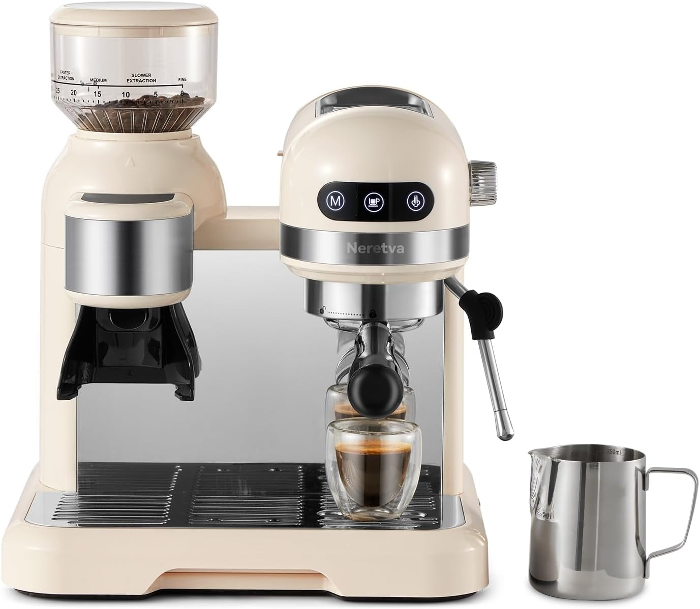 20 Bar Espresso Machine with Grinder, Steam Wand, 58MM Portafilter, 1350W, BeigeEspresso Machine, 20 Bar Espresso Maker, Milk Frother, Compact Cappuccino Machine, Stainless Steel, Removable Water Tank, Black