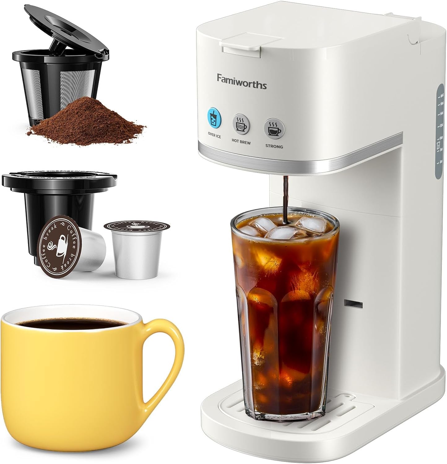 single serve coffee maker, iced coffee machine, hot coffee maker, K cup coffee machine, travel mug coffee maker