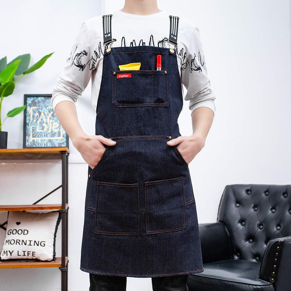 Unisex Denim Apron, Adjustable Barista Apron, Multi Pocket Apron, Sky Blue Apron