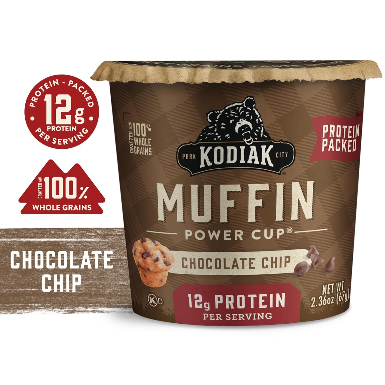 Kodiak Cakes Chocolate Chip Minute Muffins, High Protein Snack, Ready in One Minute, Non-GMO Ingredients, Whole Grain Muffins, Pack of 12