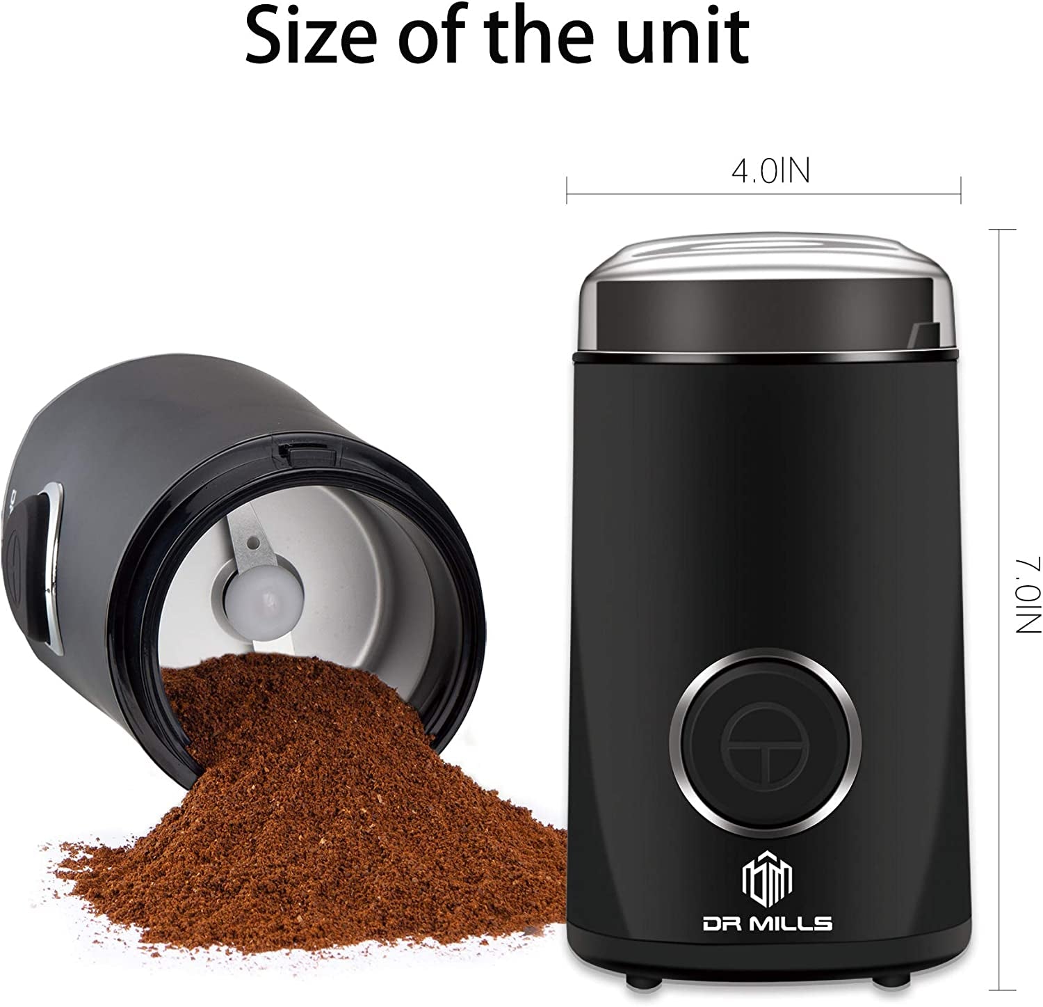 Electric coffee grinder, coffee bean grinder, spice grinder, stainless steel blade grinder, compact coffee grinder, black coffee grinder, versatile food grinder, home and office coffee grinder