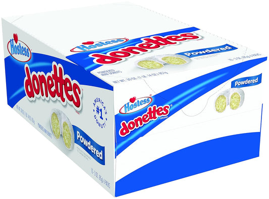 Donettes Mini Donuts, powdered mini donuts, Hostess Donettes, snack donuts, 3 ounce mini donuts pack, powdered sugar donuts