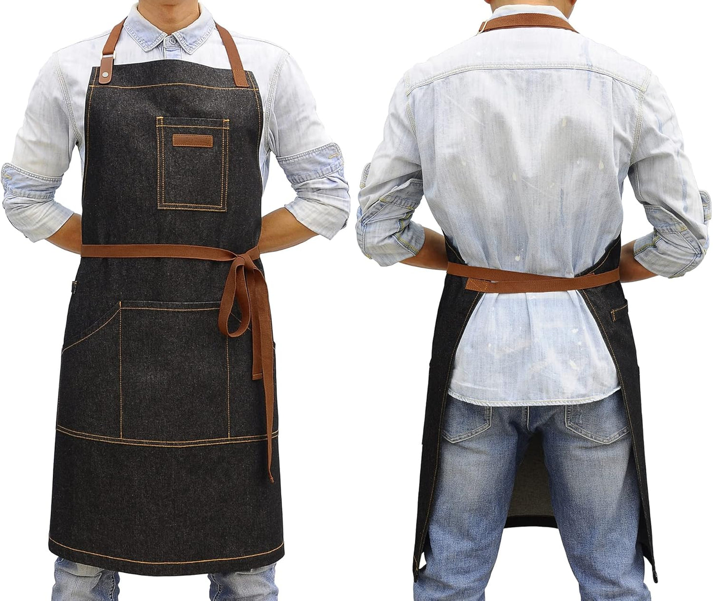 Denim Kitchen Apron with Pockets and Adjustable Neck Straps for Men and Women