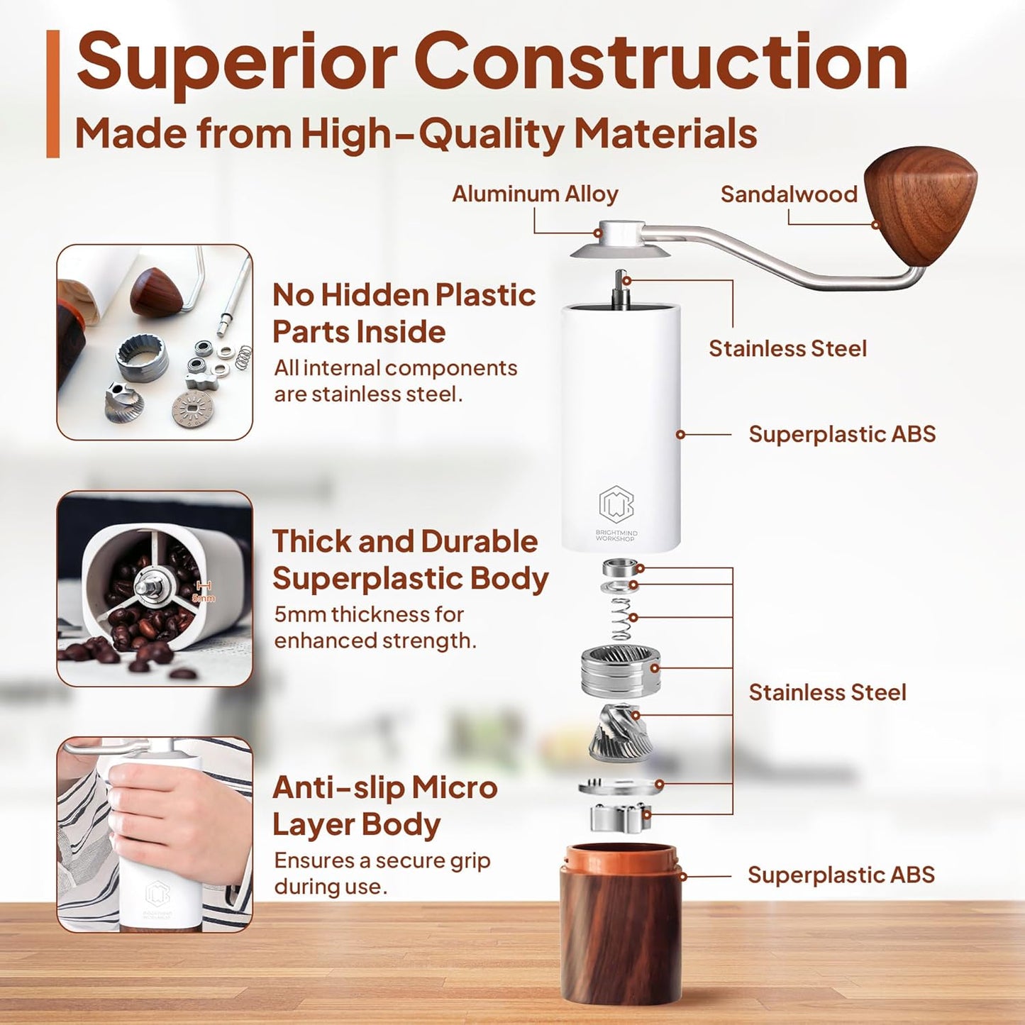 manual coffee grinder, stainless steel conical burr, portable coffee grinder, adjustable grind size, ergonomic design coffee grinder, compact hand coffee grinder, durable coffee grinder, easy to clean coffee grinder, travel coffee grinder, BrightMind Workshop coffee grinder, white and wood coffee grinder