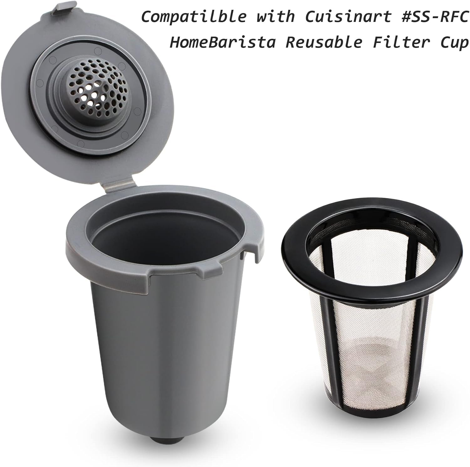 Reusable Filter Cup for Cuisinart, BPA-Free Coffee Filter, Gray, 2 Pack, HomeBarista Compatible, Single-Serve Coffee