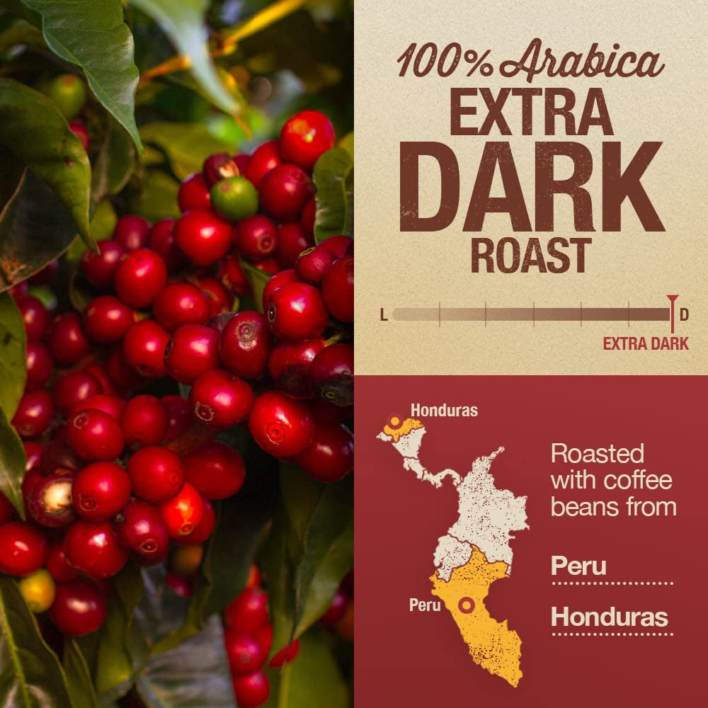 Intense dark roast coffee beans, Muy Macho blend coffee, organic Arabica whole beans, bold flavor coffee, Mayorga coffee 2 lb bag, specialty grade dark roast, direct trade coffee, non-GMO coffee beans.