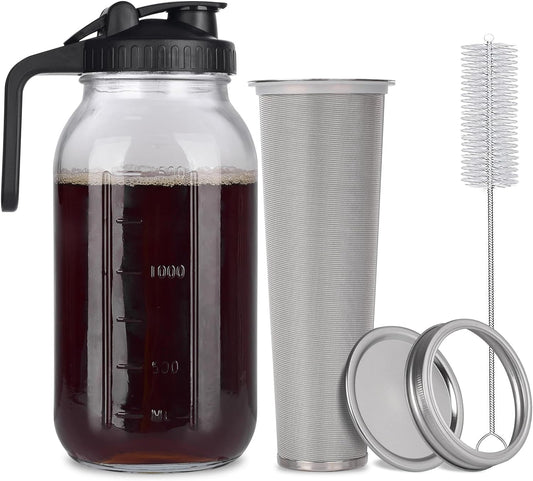 cold brew mason jar, 64 oz iced coffee maker, durable glass coffee pitcher, stainless steel coffee filter, mason jar with handle, homemade iced coffee maker, dishwasher safe mason jar, BPA-free coffee container, easy pour coffee dispenser