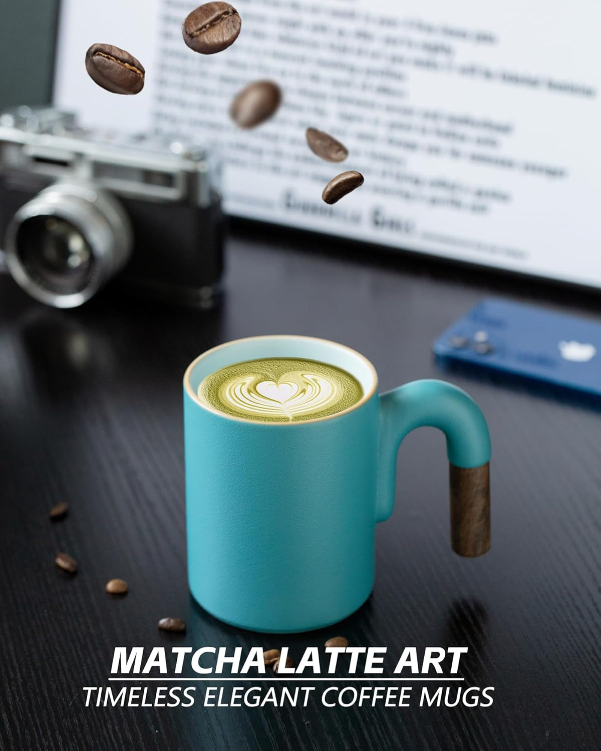 Artistic ceramic coffee mug, wood handle latte cup, matte blue ceramic mug, vintage tea mug gift, 14 oz coffee mug, hand-sprayed coffee cup, coffee lover gift, ceramic latte cup with wood handle, unique coffee gift, stylish blue coffee mug.