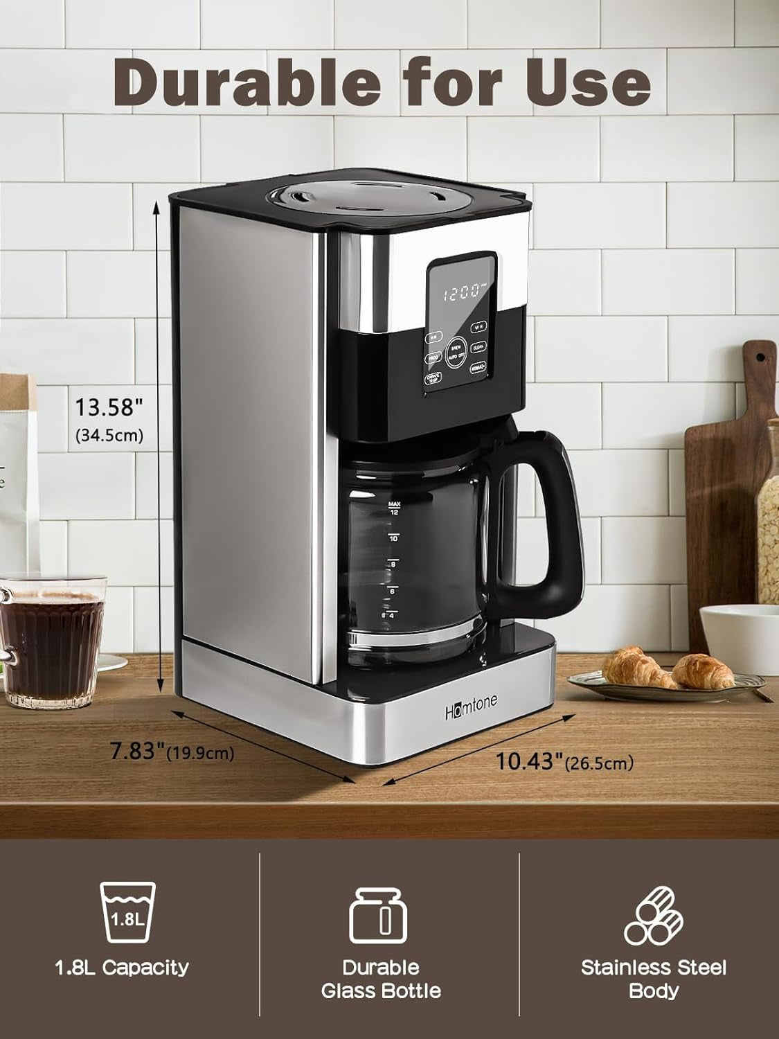 Programmable coffee maker, 12 cup coffee machine, stainless steel coffee maker, LCD touch screen coffee maker, anti-drip coffee machine