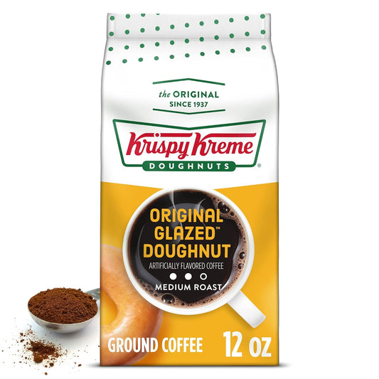 Original Glazed Donut Ground Coffee, medium roast, sweet and smooth flavor, 12 oz bag, Krispy Kreme coffee, iconic doughnut taste, kosher certified.