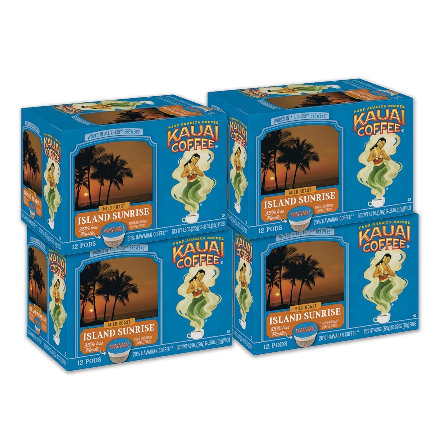 Island Sunrise coffee pods, Hawaiian coffee, Mild roast Keurig K-Cup, Arabica coffee pods, Kauai Coffee Company, 48 count single-serve coffee, Smooth breakfast roast, Eco-friendly coffee pods, Keurig 2.0 compatible, Hawaiian blend single-serve cups.