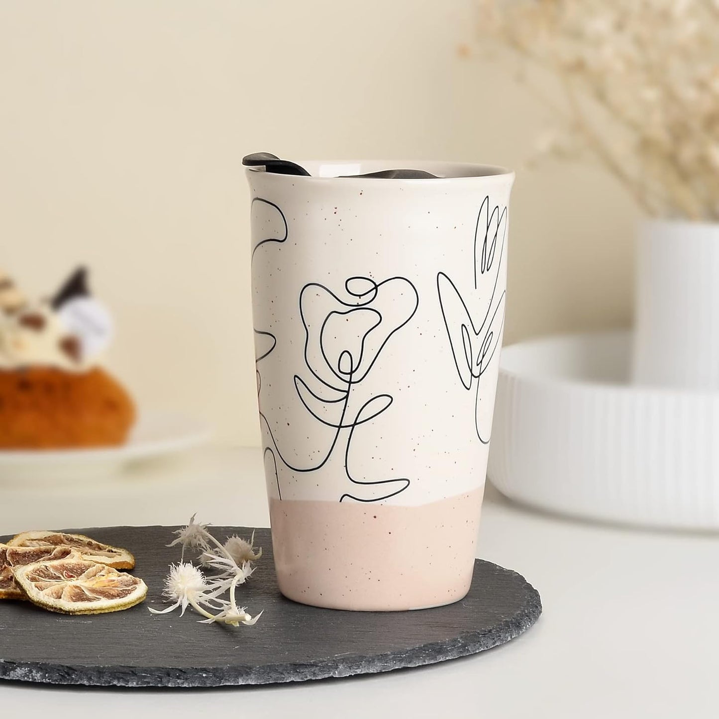 flower pattern ceramic mug, double wall coffee mug, insulated travel mug, 11 oz ceramic tumbler, speckled beige coffee mug, lead-free ceramic mug, BPA-free lid coffee cup, floral design travel mug, dishwasher safe ceramic mug