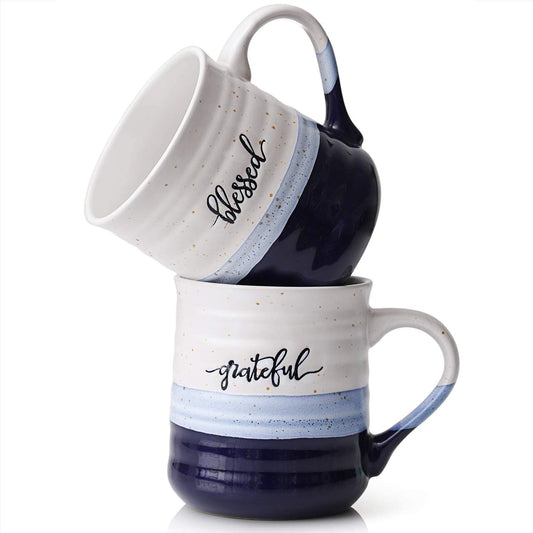 Set of 2 large 20 oz blue porcelain coffee mugs with words "blessed" and "grateful", dishwasher and microwave safe, perfect thank you gifts for mom and dad