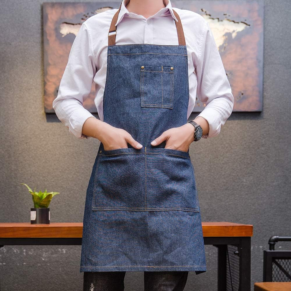 Unisex Denim Apron, Adjustable Barista Apron, Multi Pocket Apron, Sky Blue Apron