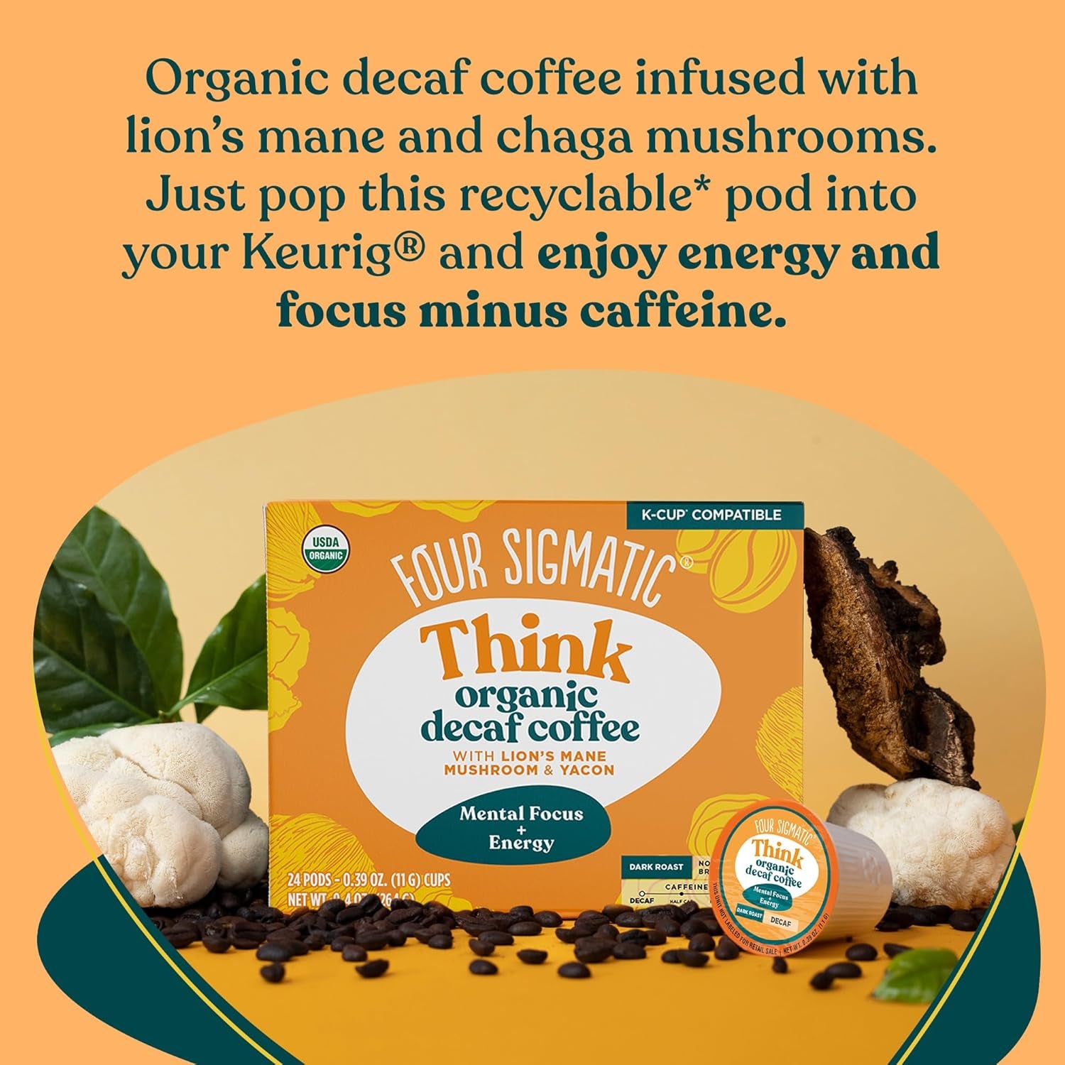 Decaf Mushroom Coffee K-Cups, Organic Fair Trade Dark Roast, Lion’s Mane & Yacon Coffee, Immune Support Coffee, Focus Enhancing Decaf Coffee