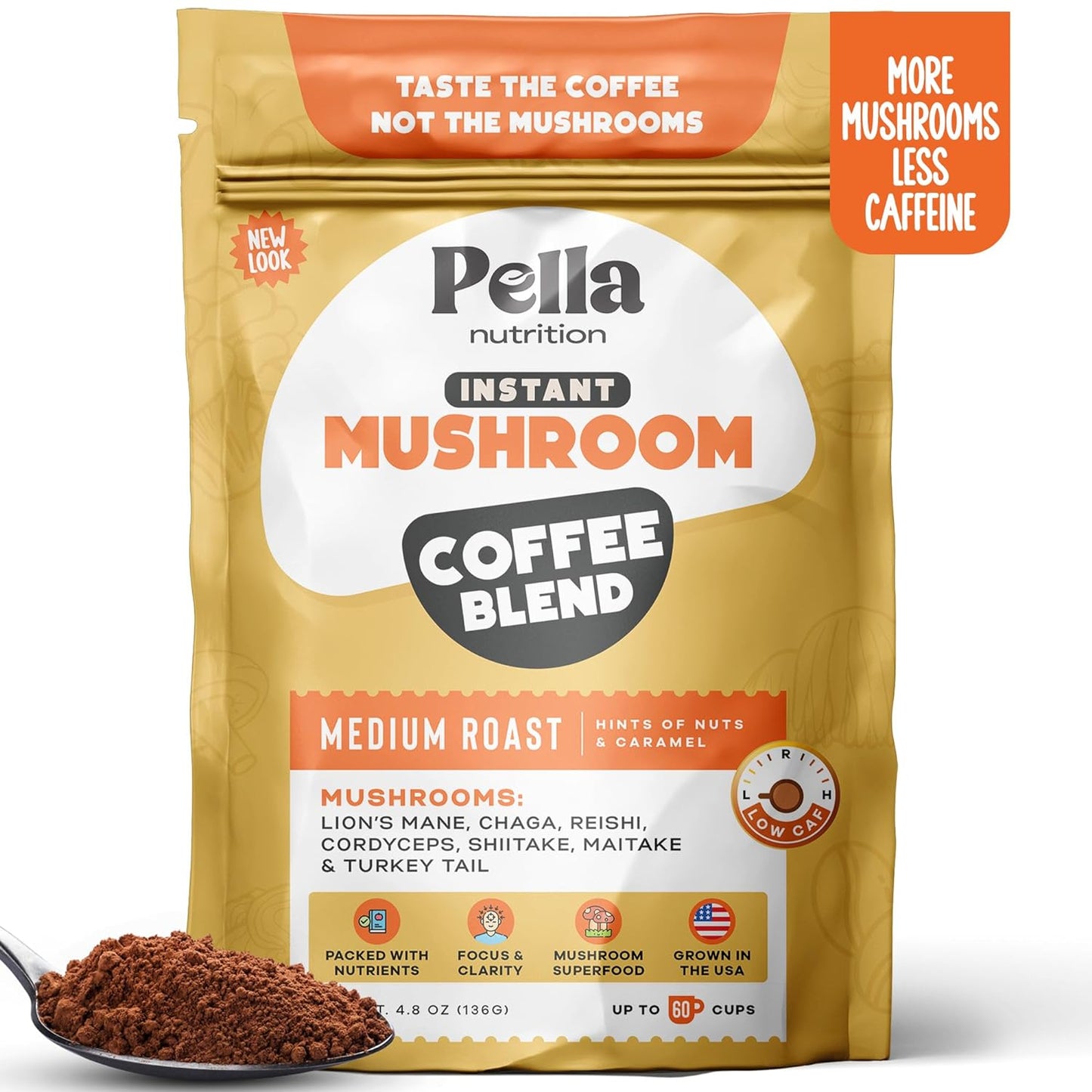 Organic Low-Caffeine Mushroom Coffee, 7 Superfood Mushrooms, Lion's Mane, Reishi, Chaga, Cordyceps, Shiitake, Maitake, Turkey Tail, Tremella, Agaricus Blazei, 60 Servings, Great Tasting Instant Coffee