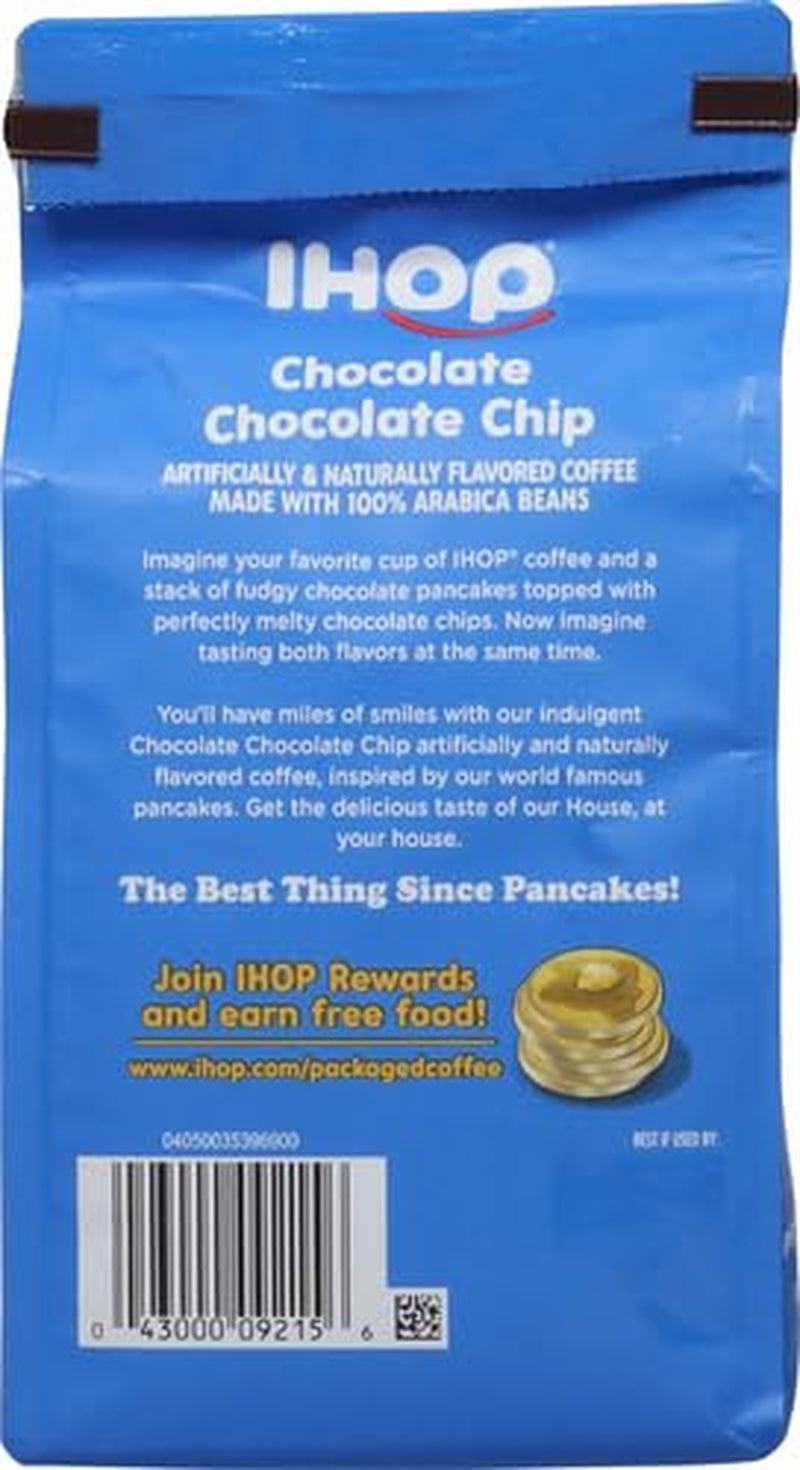 IHOP Chocolate Chocolate Chip flavored ground coffee, 11 oz bag, premium Arabica beans, home brewing, indulgent coffee, kosher certified.