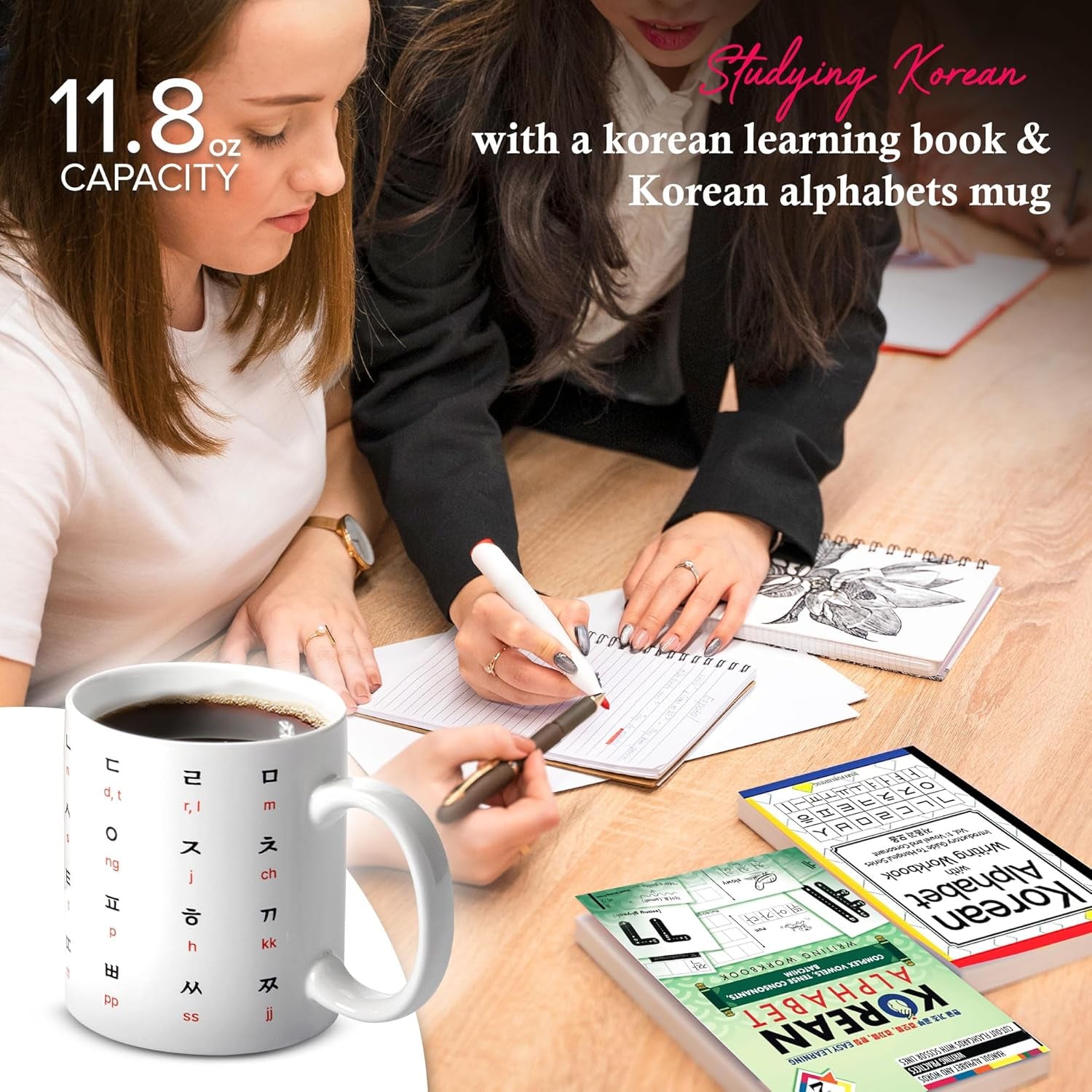 Korean ceramic coffee mug, Hangul alphabet mug, English-Korean learning mug, premium ceramic coffee cup, durable Korean gift mug, language enthusiast gift, stylish coffee mug, vibrant learning coffee cup