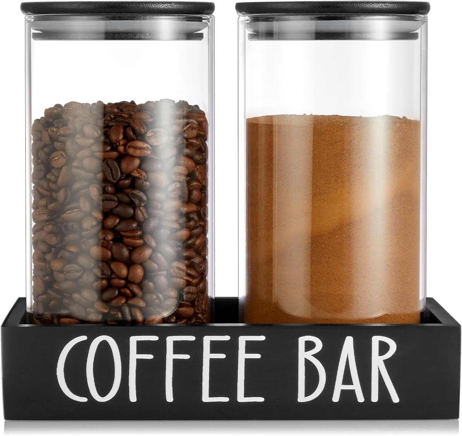 glass coffee canister set, airtight coffee jars, bamboo lid coffee storage, coffee and sugar containers, farmhouse coffee bar accessories