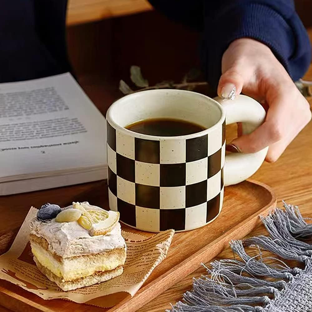 Ceramic coffee mug with checkerboard design, round handle mug, 12 oz ceramic tea cup, microwave safe coffee mug, dishwasher safe black and white mug, modern ceramic coffee cup, unique coffee gift mug, fat handle coffee mug.