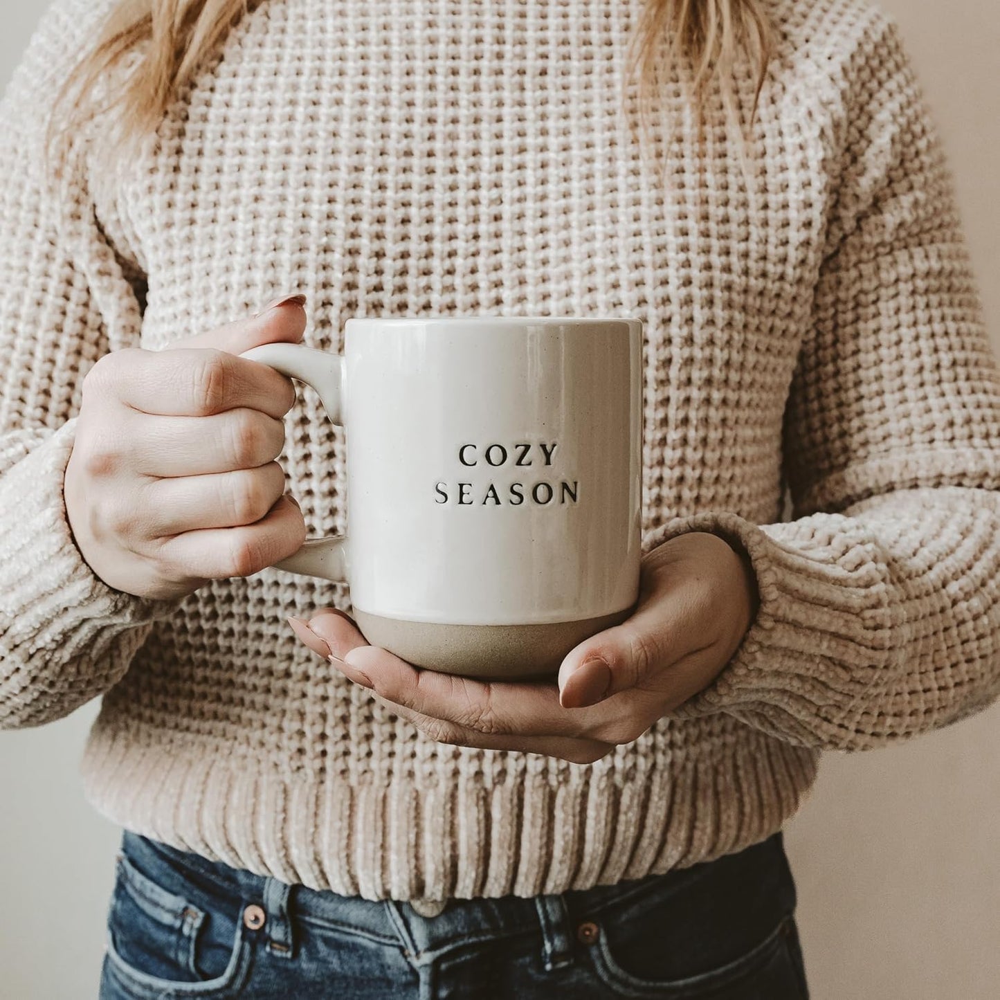 Cozy Season 14oz stoneware coffee mug with fall and winter design, perfect for hot beverages, microwave and dishwasher safe, ideal holiday gift.