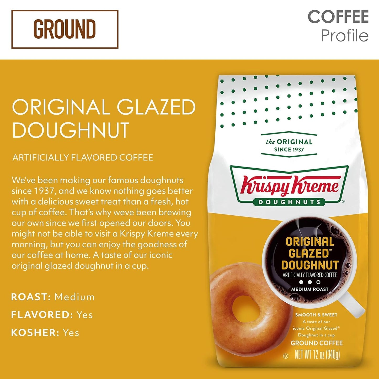 Original Glazed Donut Ground Coffee, medium roast, sweet and smooth flavor, 12 oz bag, Krispy Kreme coffee, iconic doughnut taste, kosher certified.