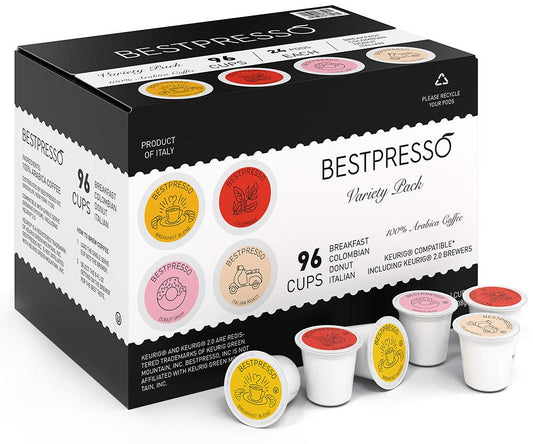 Coffee Variety Pack, 96 single-serve K-Cup pods compatible with Keurig 2.0 brewers, includes Breakfast Blend, Colombian, Donut Shop, and Italian Roast