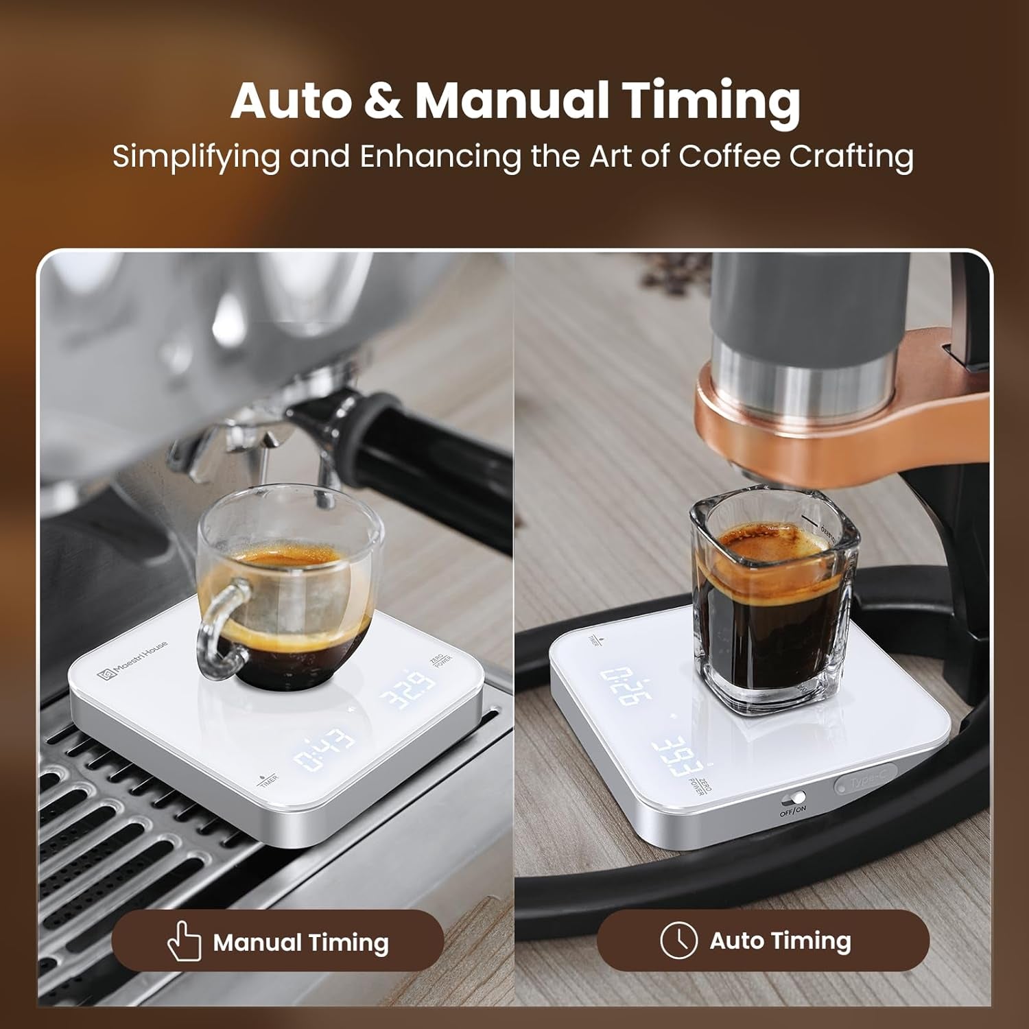  Rechargeable mini coffee scale with timer, portable espresso and pour-over scale, white and silver, 0.1g high precision, three units, dual timekeeping modes.