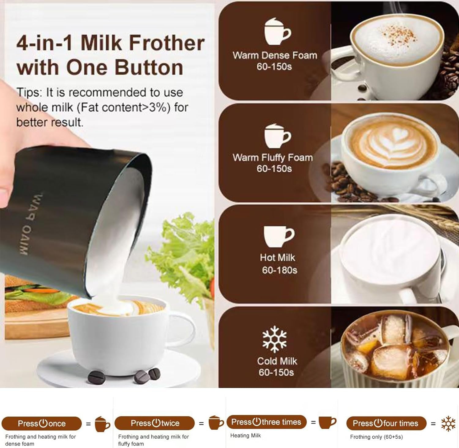 Electric milk frother and steamer, Stainless steel milk foamer, 4-in-1 milk frother, 11.8 oz milk frother, Hot and cold milk frother, Automatic milk frother, Quiet milk frother, Large capacity milk frother, Easy to clean milk frother, Silent operation milk frother, Milk steamer for coffee, Frother for lattes and cappuccinos