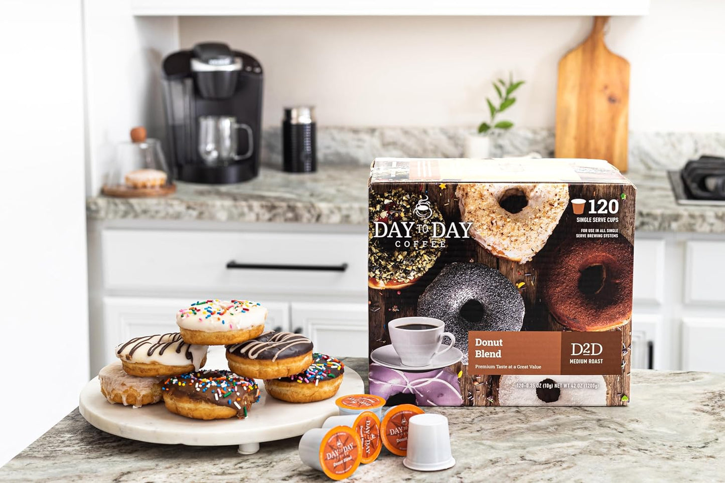 Donut blend coffee pods, Keurig K-Cup compatible, Medium roast coffee, 120-count coffee pods, Bakery style coffee, Smooth balanced coffee, Kosher coffee pods, USA-made coffee, Light acidity coffee, Single-serve coffee pods.