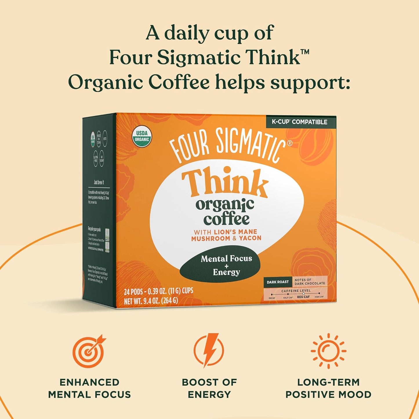 Organic Mushroom Coffee K-Cups, Dark Roast Coffee with Lion’s Mane, Yacon Infused Coffee, Fair Trade Coffee Pods, Immune Support Coffee, Focus Enhancing Coffee