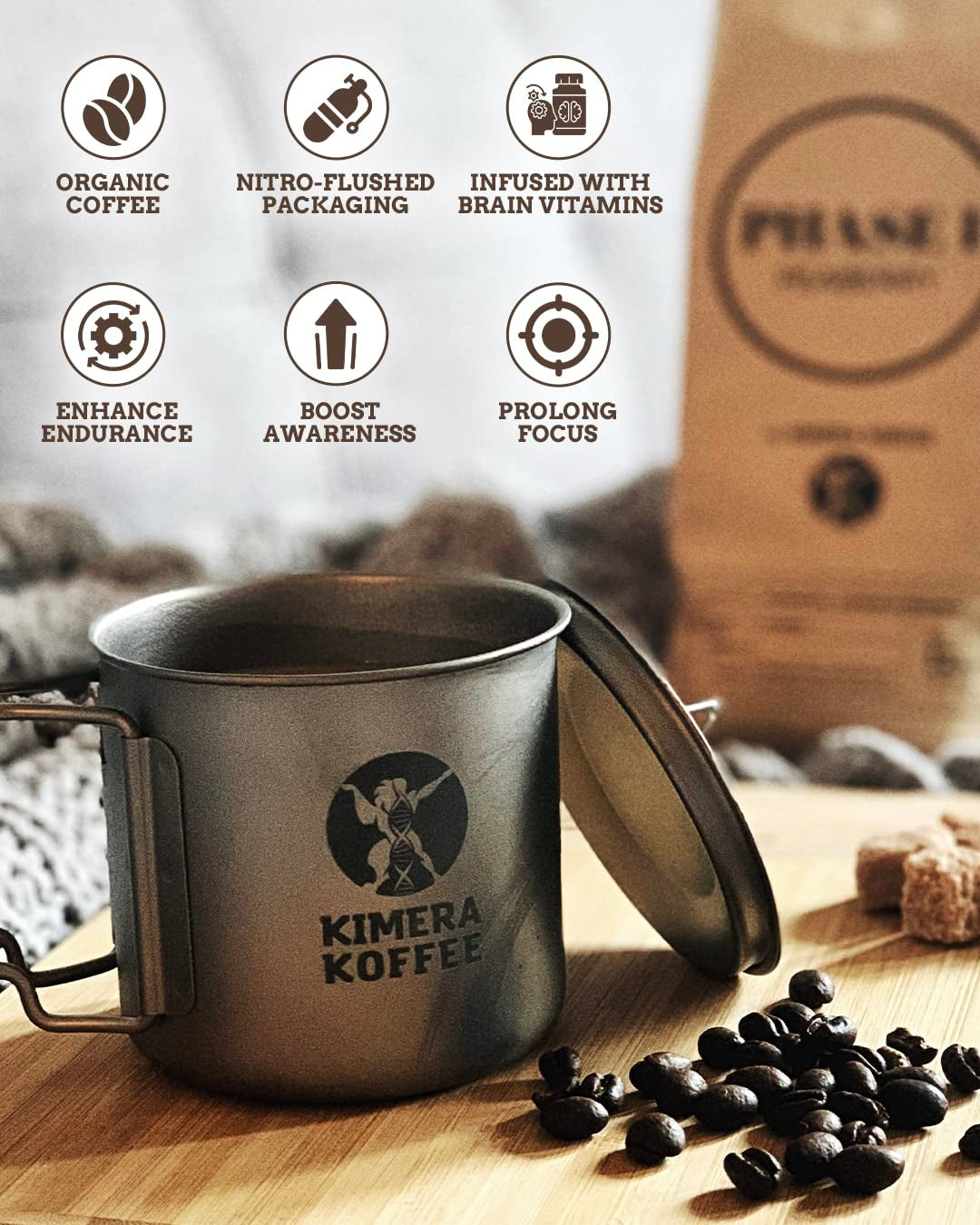 Kimera Koffee Original Blend, Organic Medium Roast Ground Coffee, 12Oz, vitamin-infused with Taurine, Alpha GPC, DMAE, L-Theanine, designed for cognitive support and athletic performance.