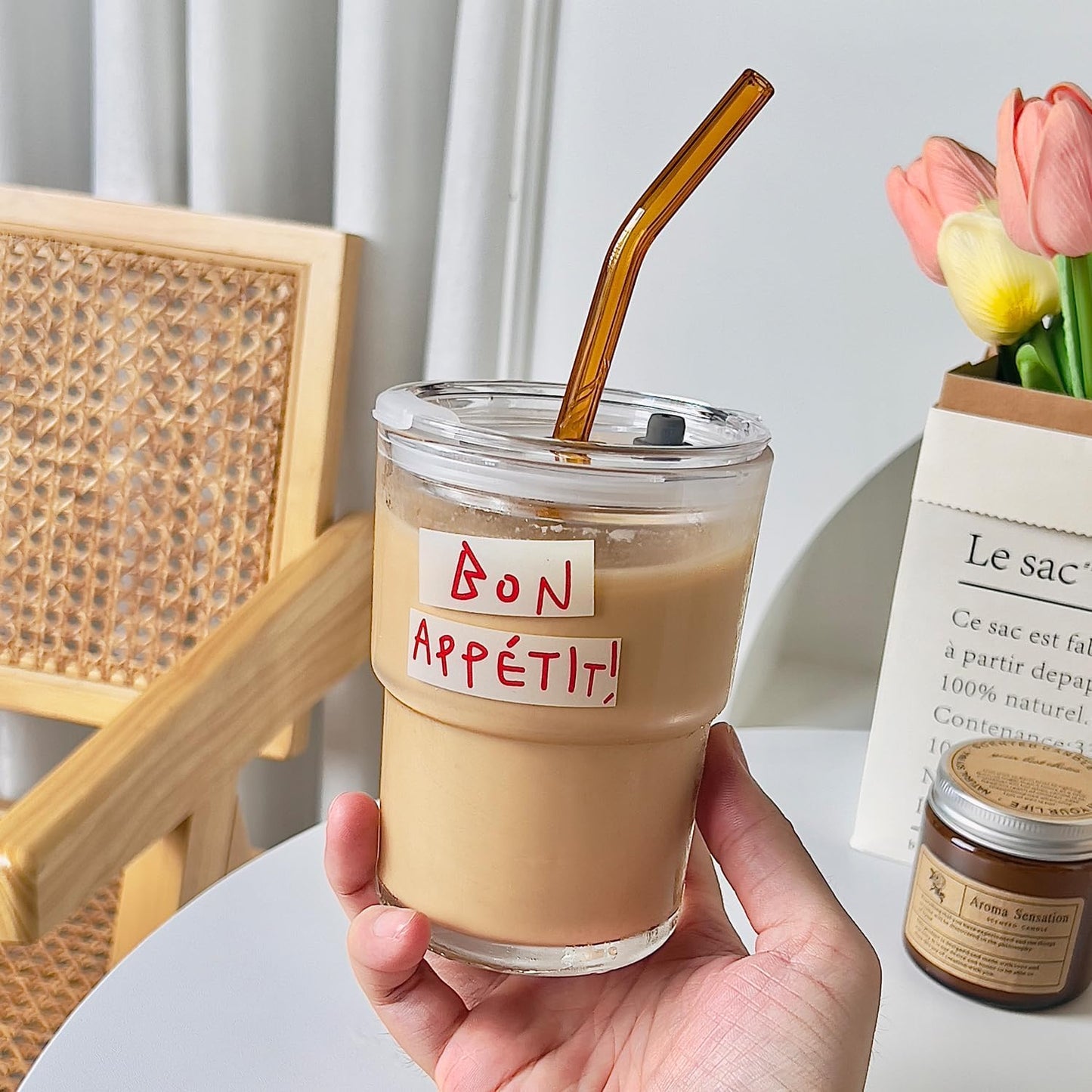 glass tumbler with straw and lid, 13oz glass tumbler, clear glass coffee cup, portable glass mug, eco-friendly glass tumbler, versatile glass beverage cup, dishwasher-safe glass tumbler, iced coffee glass mug