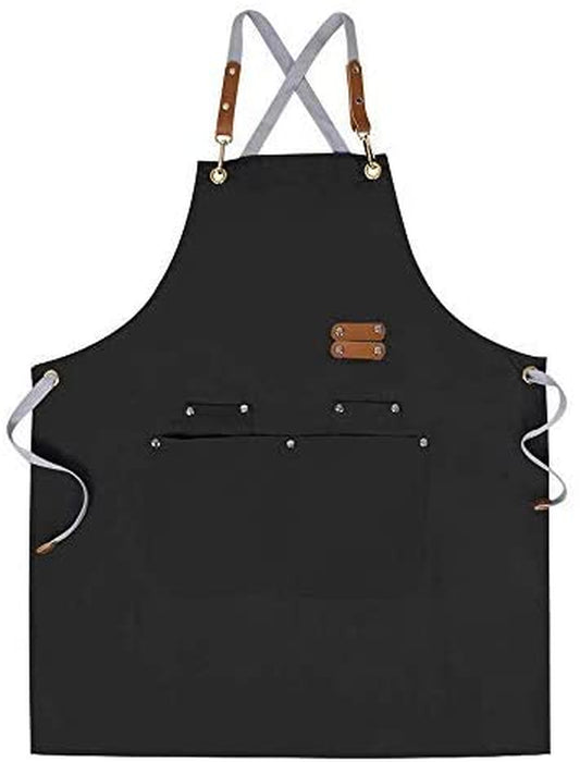 Chef Apron, Cross Back Adjustable Canvas Apron, Large Pockets, Black, Kitchen Apron, BBQ Apron, Professional Apron