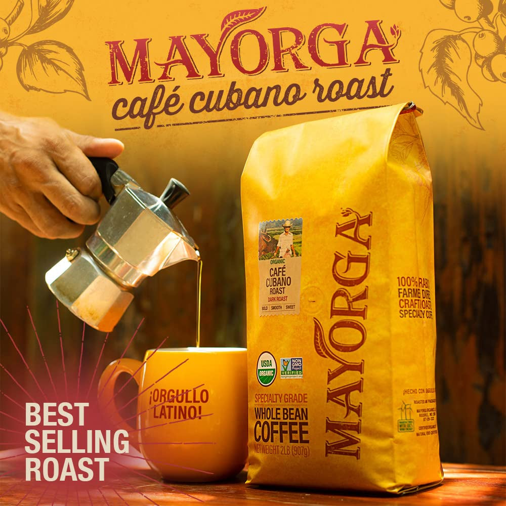 Organic cubano roast dark coffee, whole bean coffee 2lbs bag, Mayorga cuban-style dark roast, USDA organic coffee, non-GMO whole bean coffee, direct trade kosher coffee, specialty grade Arabica coffee beans, smooth dark roast coffee, low-acid Cuban coffee.