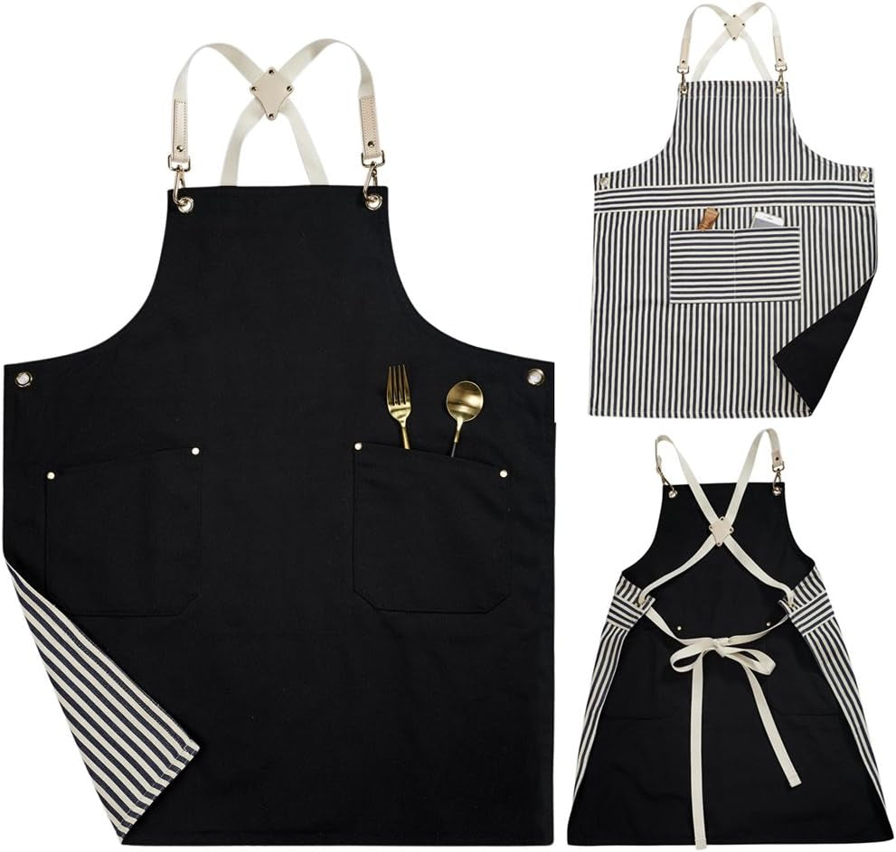 Double-Sided Cotton Canvas Apron with Pocket and Cross-Back Straps, Adjustable Cotton Apron for Men and Women