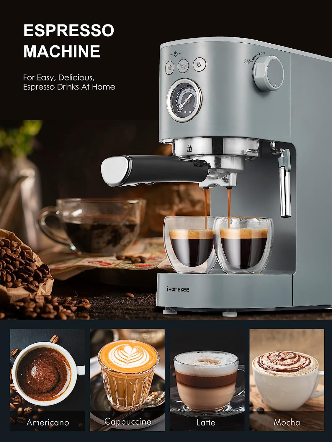 Espresso Machine Coffee Maker, 15 Bar Cappuccino Machine, Milk Frother, Home Brewing, Latte Maker, Mocha Maker