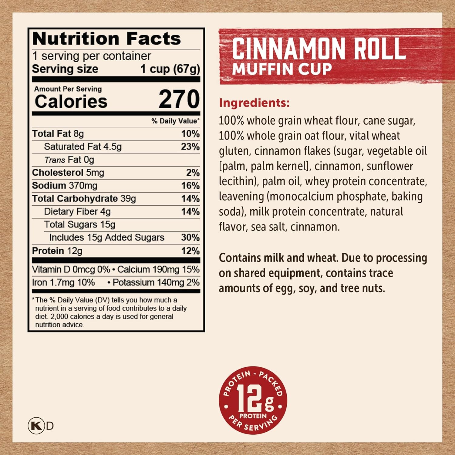 Kodiak Cakes Cinnamon Roll Minute Muffins, High Protein Snack, Ready in One Minute, Non-GMO Ingredients, Whole Grain Muffins, Pack of 12