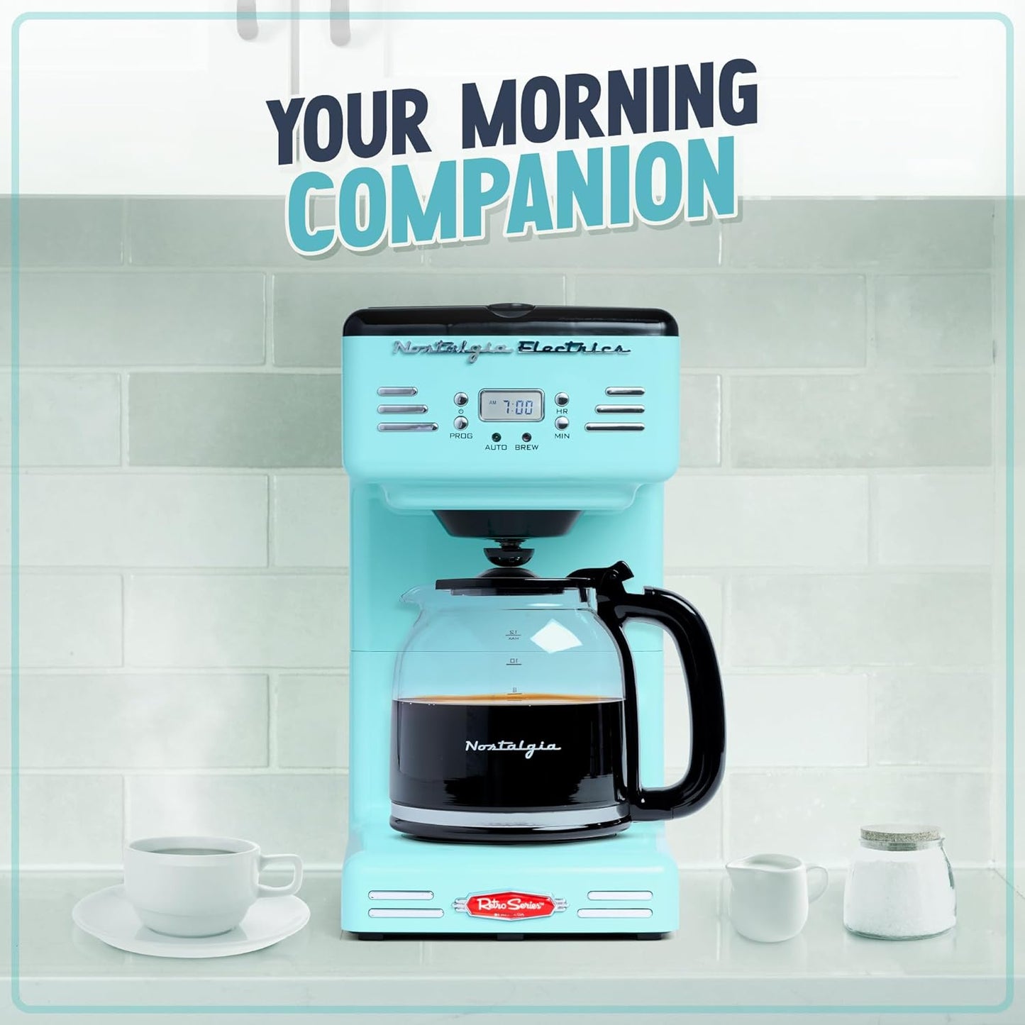 Retro Coffee Maker, 12-Cup Coffee Machine, Programmable Coffee Maker, Aqua Coffee Maker, Coffee Maker with LED Display