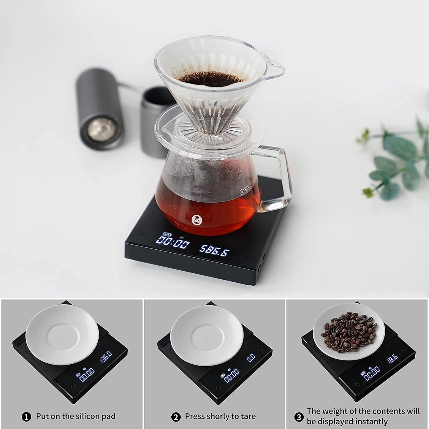 Basic+ coffee scale with timer, 2000g capacity, black, high precision, high-quality materials, advanced functions, USB charging.