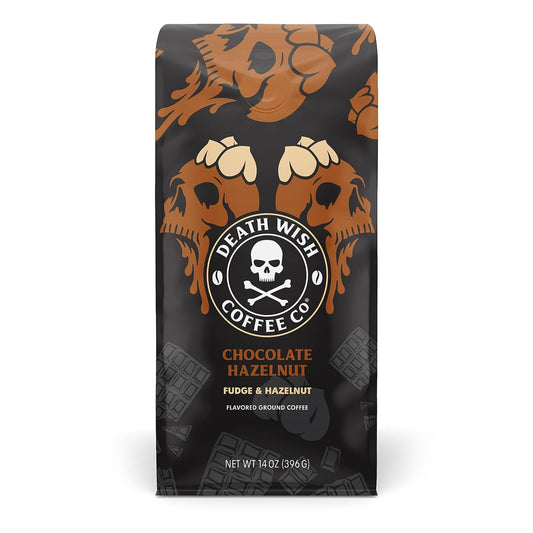 Death Wish Chocolate Hazelnut Ground Coffee, medium roast, Fair Trade, 14 oz, arabica and robusta beans, dark chocolate and hazelnut flavor, high caffeine coffee, fudge-forward taste, premium quality, non-acidic coffee, coffee bag.