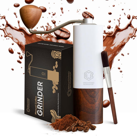 manual coffee grinder, stainless steel conical burr, portable coffee grinder, adjustable grind size, ergonomic design coffee grinder, compact hand coffee grinder, durable coffee grinder, easy to clean coffee grinder, travel coffee grinder, BrightMind Workshop coffee grinder, white and wood coffee grinder